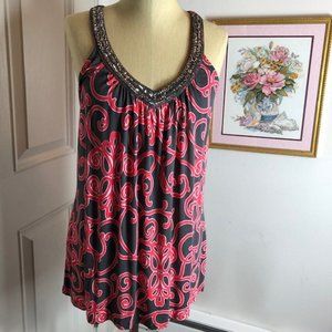 INC. Gray and Coral Print Tank Top with Beaded Neckline